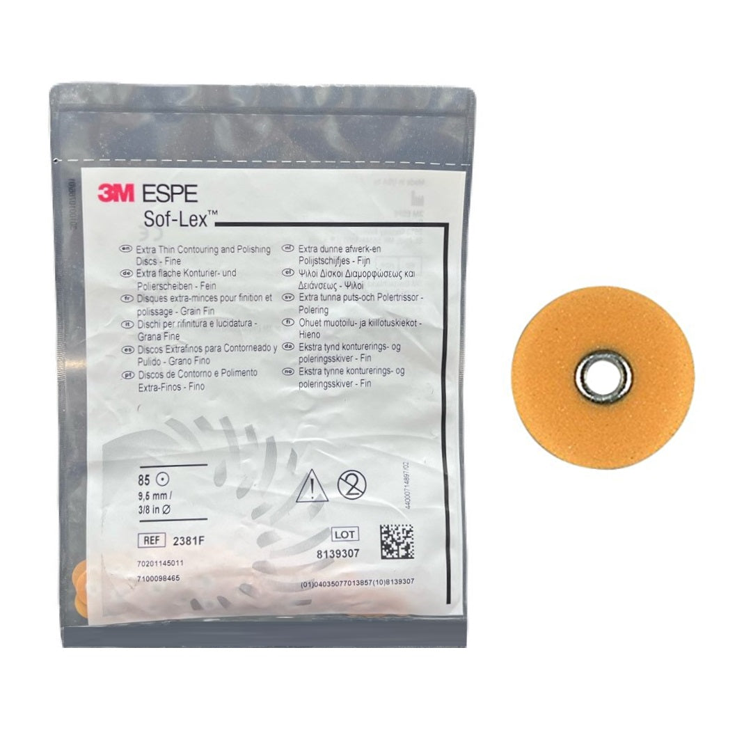 3M ESPE Sof-Lex Extra Thin Fine Discs (2381F) - Elevate dental finishing with 85 Pop-On discs, featuring an extra-thin design for precise interproximal access. Crafted with urethane-coated paper and polyester film, these single-sided discs provide optimal control. Color-coded for efficient workflow. Trust Sof-Lex Extra Thin Discs for precise and reliable dental finishes. Ideal for those seeking top-tier quality in dental supplies.