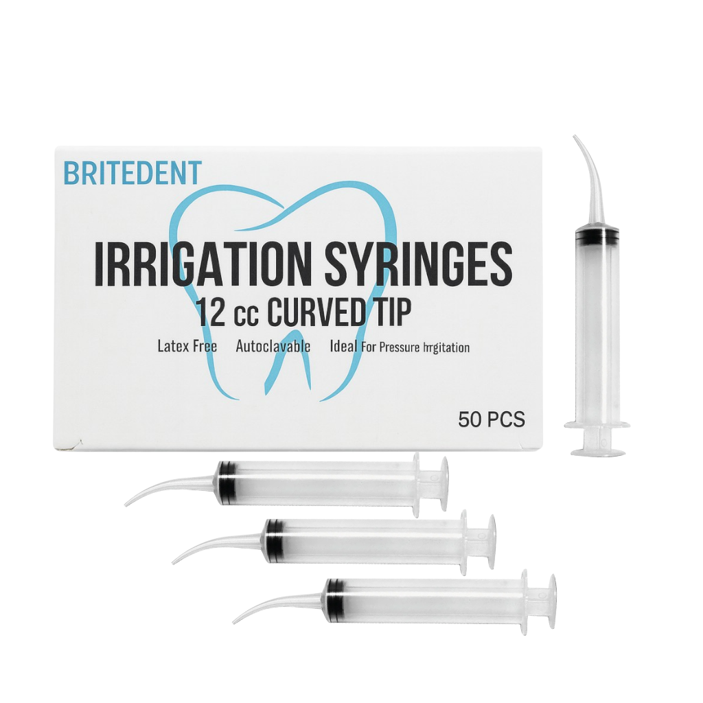 BRITEDENT 12cc curved tip irrigation syringes non-sterile disposable 50 box