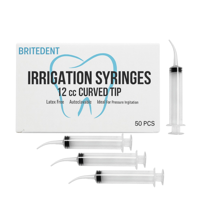 BRITEDENT 12cc curved tip irrigation syringes non-sterile disposable 50 box
