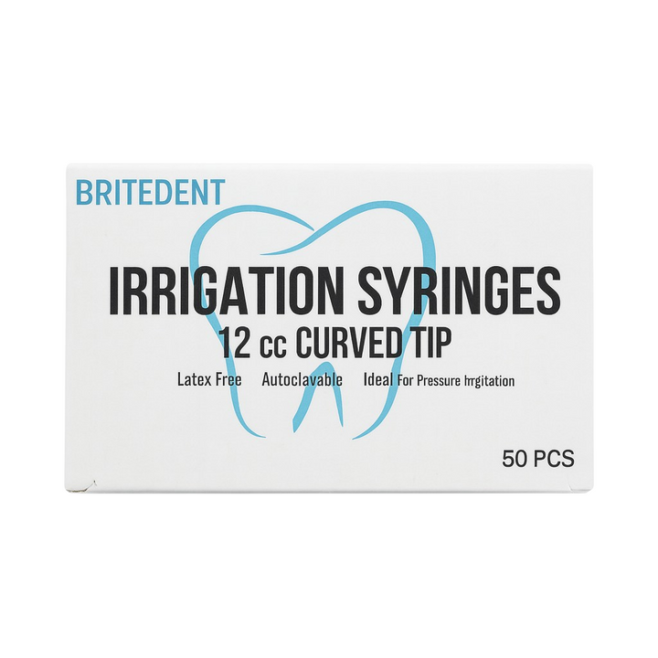 BRITEDENT 12cc curved tip dental irrigation syringes non-sterile disposable 50 box