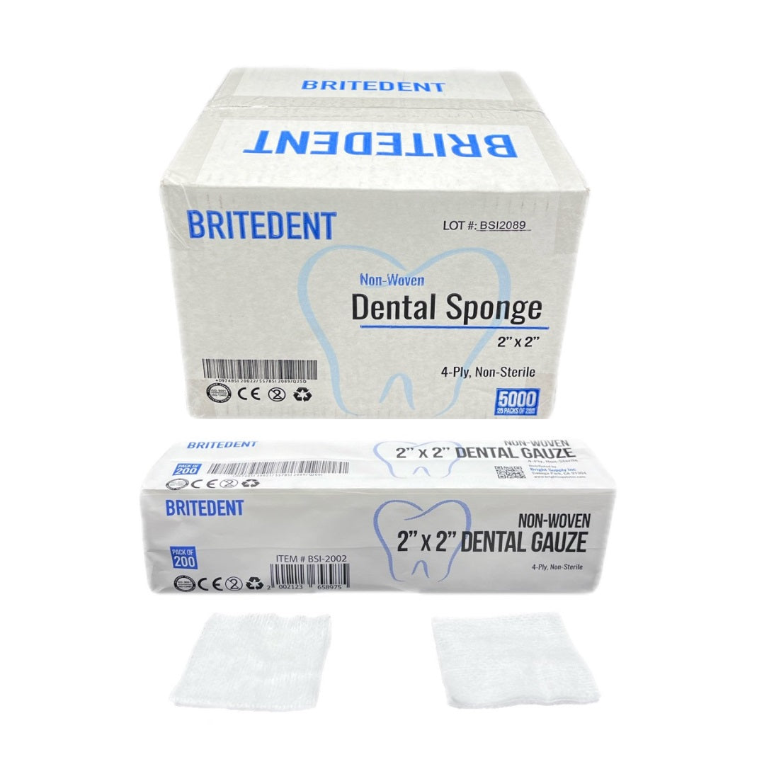 High-Quality BRITEDENT Non-Woven Dental Sponges 2x2 4-Ply Bulk Pack - 5000 Sponges/Box BSI-2002-25, Rayon/Polyester Blend