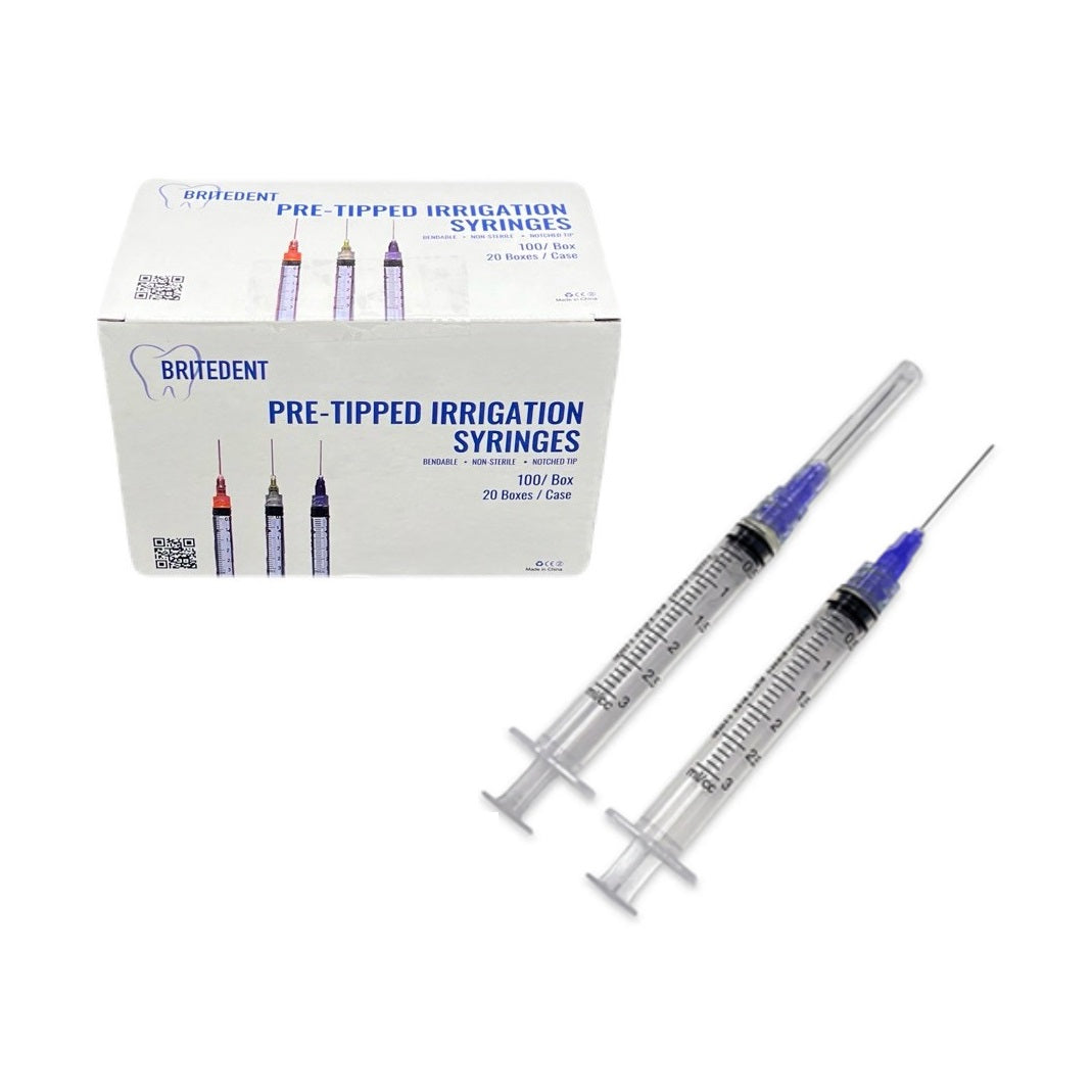 BRITEDENT 3cc Endo Irrigation Syringes 30 Gauge BSI-0330 - Purple Hub 25mm Needle, Half Cutting Tips, Non-Sterile, Luer Lock Design, Precision Endodontic Irrigation Tool.