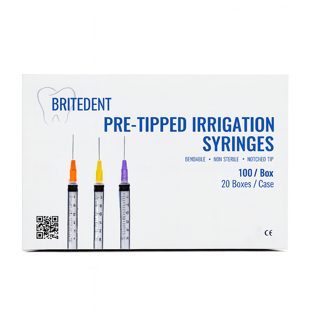 BRITEDENT 3cc endodontic irrigation syringes with 25Ga 27Ga 30Ga needle tips Front Box