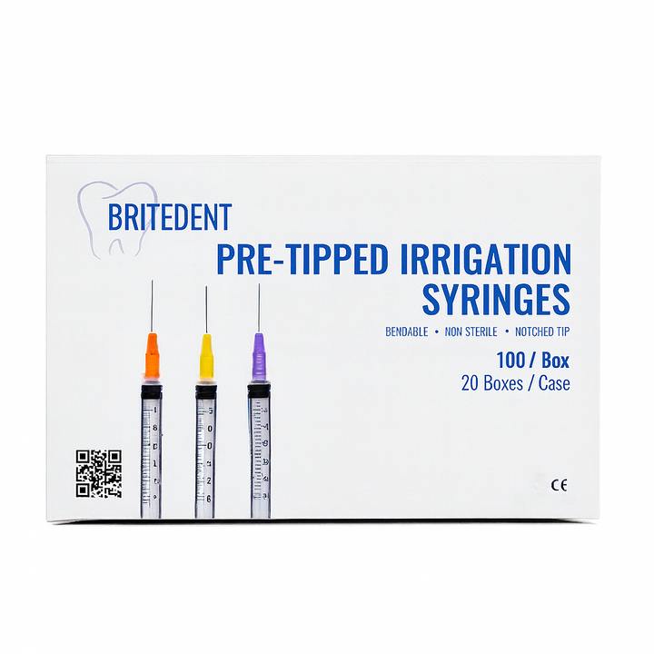 BRITEDENT 3cc endodontic irrigation syringes with 25Ga 27Ga 30Ga needle tips Front Box
