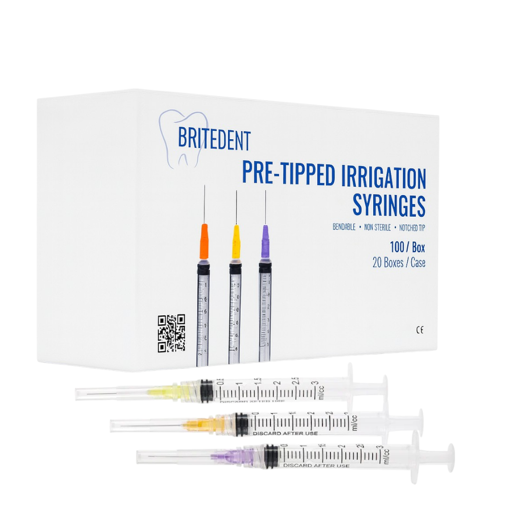 BRITEDENT 3cc endodontic irrigation syringes with 25Ga 27Ga 30Ga needle tips Side With Syringes
