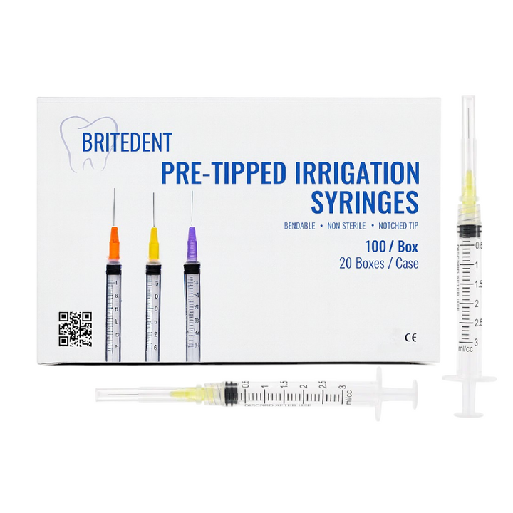 BRITEDENT 3cc endodontic irrigation syringes with 25Ga 27Ga 30Ga needle tips Yellow