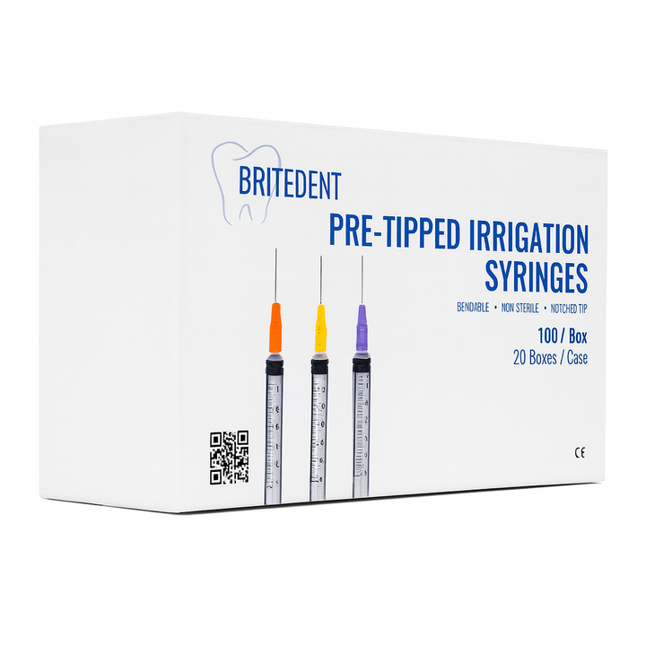 BRITEDENT 3cc endodontic irrigation syringes with 25Ga 27Ga 30Ga needle tips Box to the side
