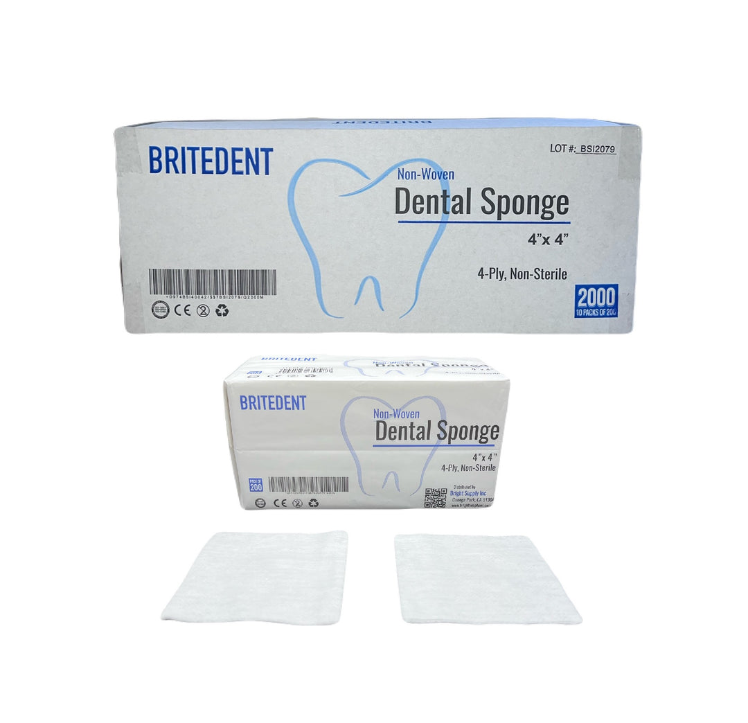 BRITEDENT 4x4 Non-Woven Sponges BSI-4004-10 - Case of 2000, 4-Ply Rayon/Polyester Blend, Non-Sterile Gauze for Medical and Dental Use