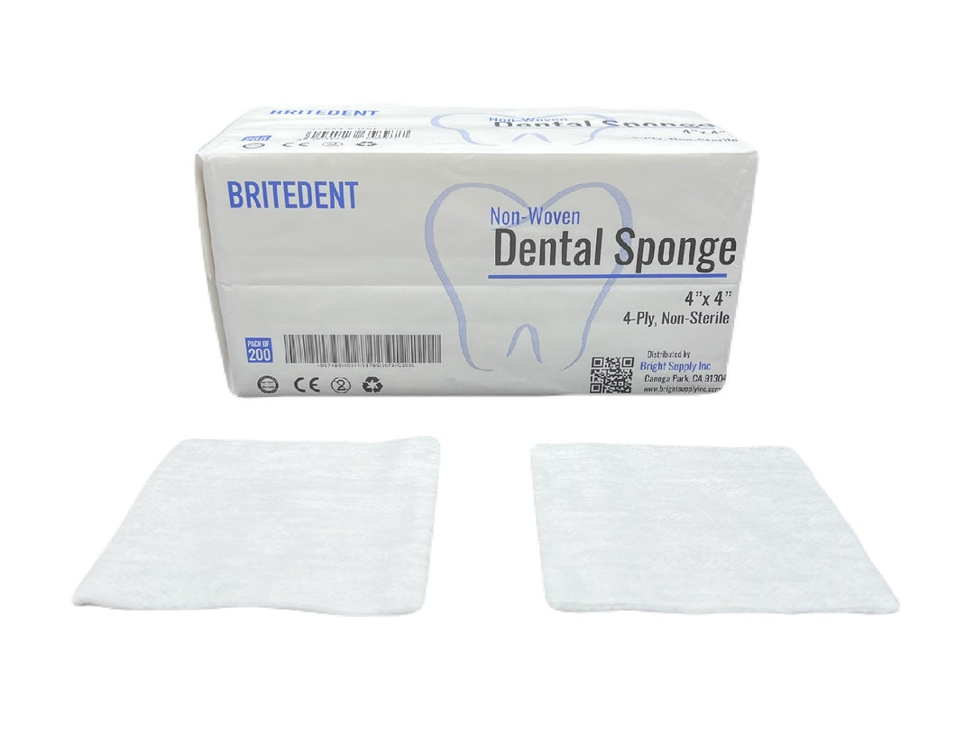 BRITEDENT 4x4 Non-Woven Sponges BSI-4004 - Box of 200, 4-Ply Rayon/Polyester Blend, Non-Sterile Gauze for Medical and Dental Use