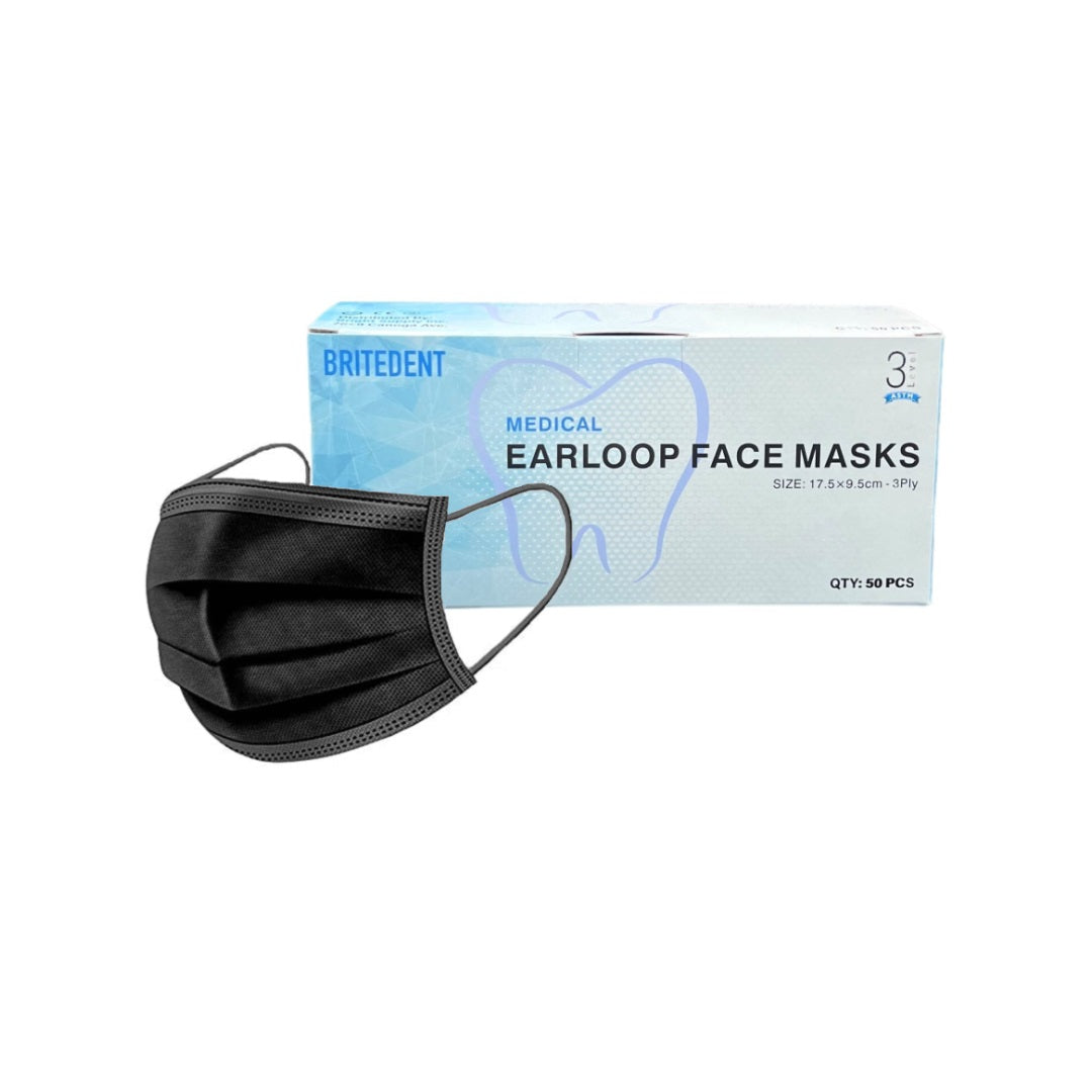 BRITEDENT ASTM Level 3 Black Earloop Face Masks - 50 Pack - Disposable Medical Masks with High Filtration Rate - Ideal for Dental Procedures, Surgery, and Implant Placement - Buy Now!