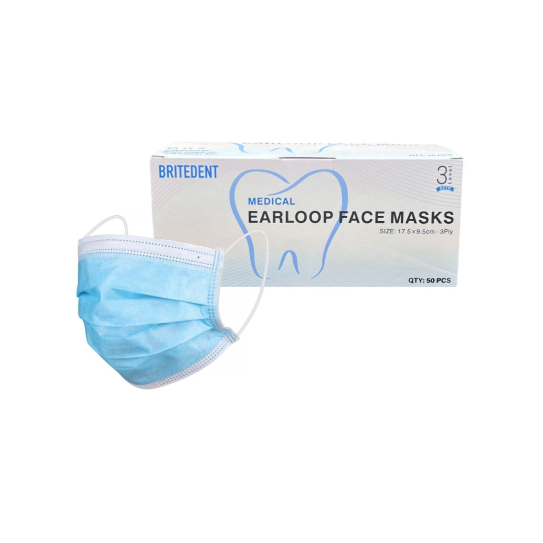 BRITEDENT ASTM Level 3 Earloop Face Masks Blue 3Ply 50/Bx: High-quality disposable masks with ASTM Level 3 rating for superior protection. Ideal for dental procedures and medical interventions. Box of 50 masks.