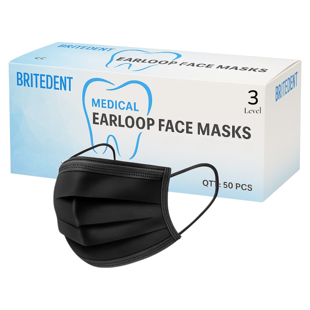 BRITEDENT ASTM Level 3 black earloop face masks 3-ply disposable 50 per box