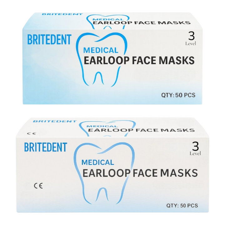 BRITEDENT ASTM Level 3 blue and black medical earloop face masks 3-ply disposable 50 per box