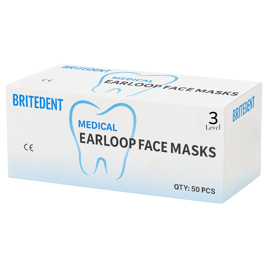 BRITEDENT ASTM Level 3 blue medical earloop face masks 3-ply disposable 50 per box