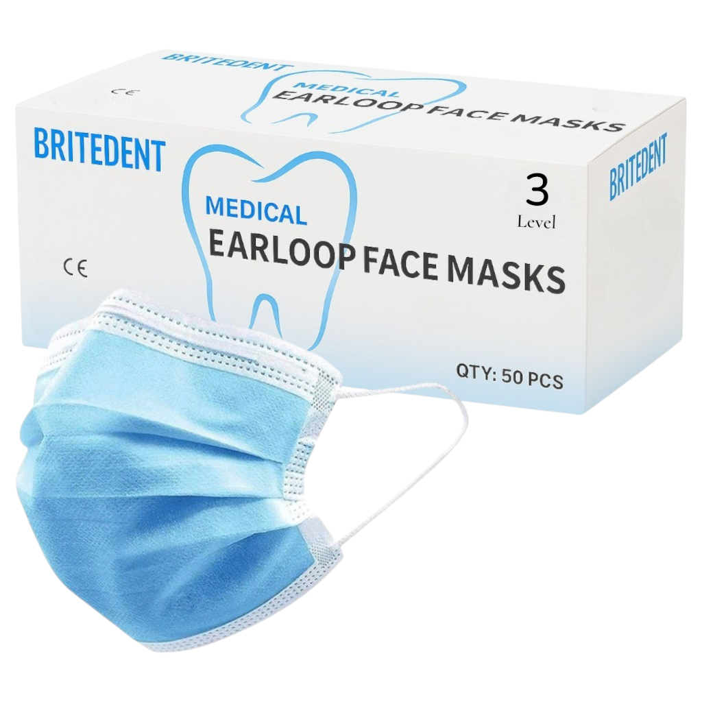 BRITEDENT ASTM Level 3 blue medical earloop face masks 3-ply disposable box