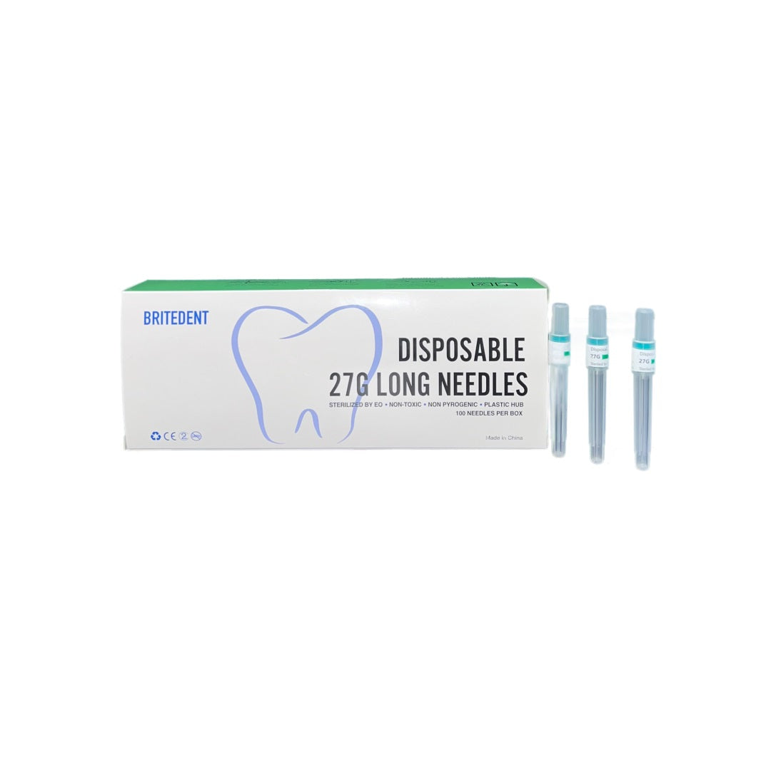 BRITEDENT Anesthetic Needles 27G Long 100/Bx BSI-0027L: Disposable dental needles, sterile, non-toxic, and non-pyrogenic. Plastic hub, 27 gauge long needles. Ideal for shallow injections. Pack of 100. Shop now!