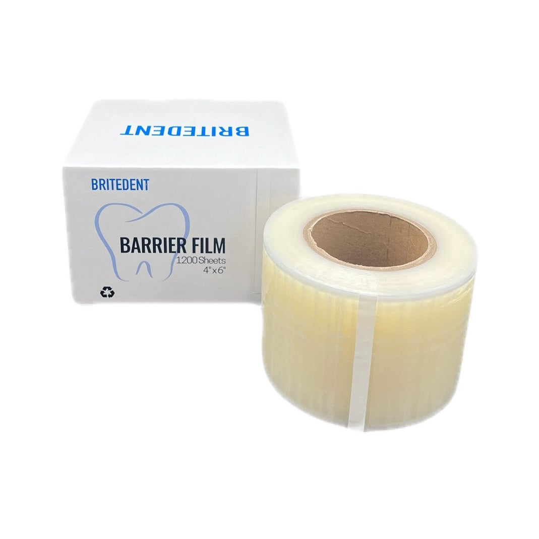 Enhance Infection Control with BRITEDENT Barrier Film - 4 x 6 Clear, 1200 Sheets/Roll BSI-0102. Disposable, Non-Stick Edges for Hygienic Surface Protection in Dental and Medical Settings.