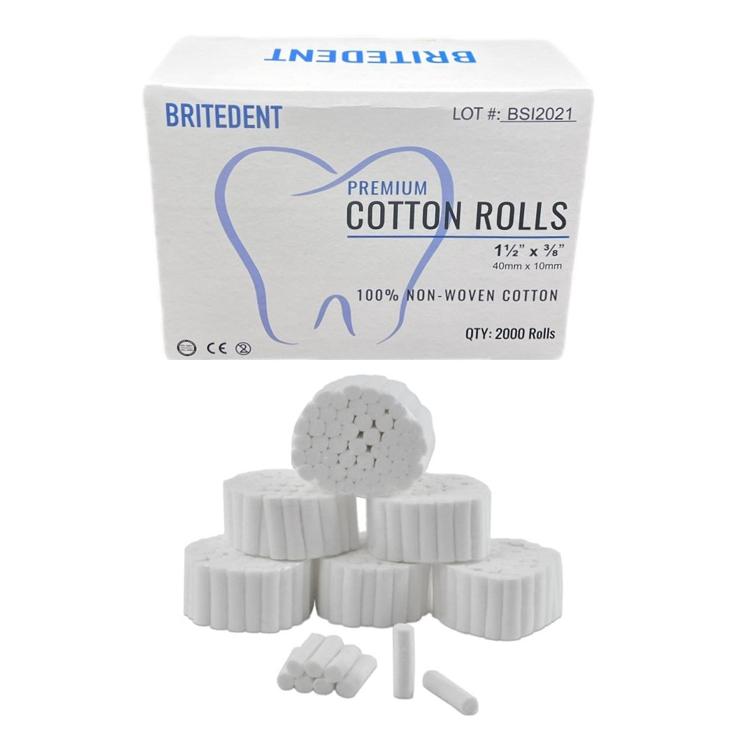 BRITEDENT Cotton Rolls 1 1/2 x 3/8 - 2000-Pack BSI-3000 - Plain Wrapped, Latex-Free, Non-Woven Dental Cotton Rolls