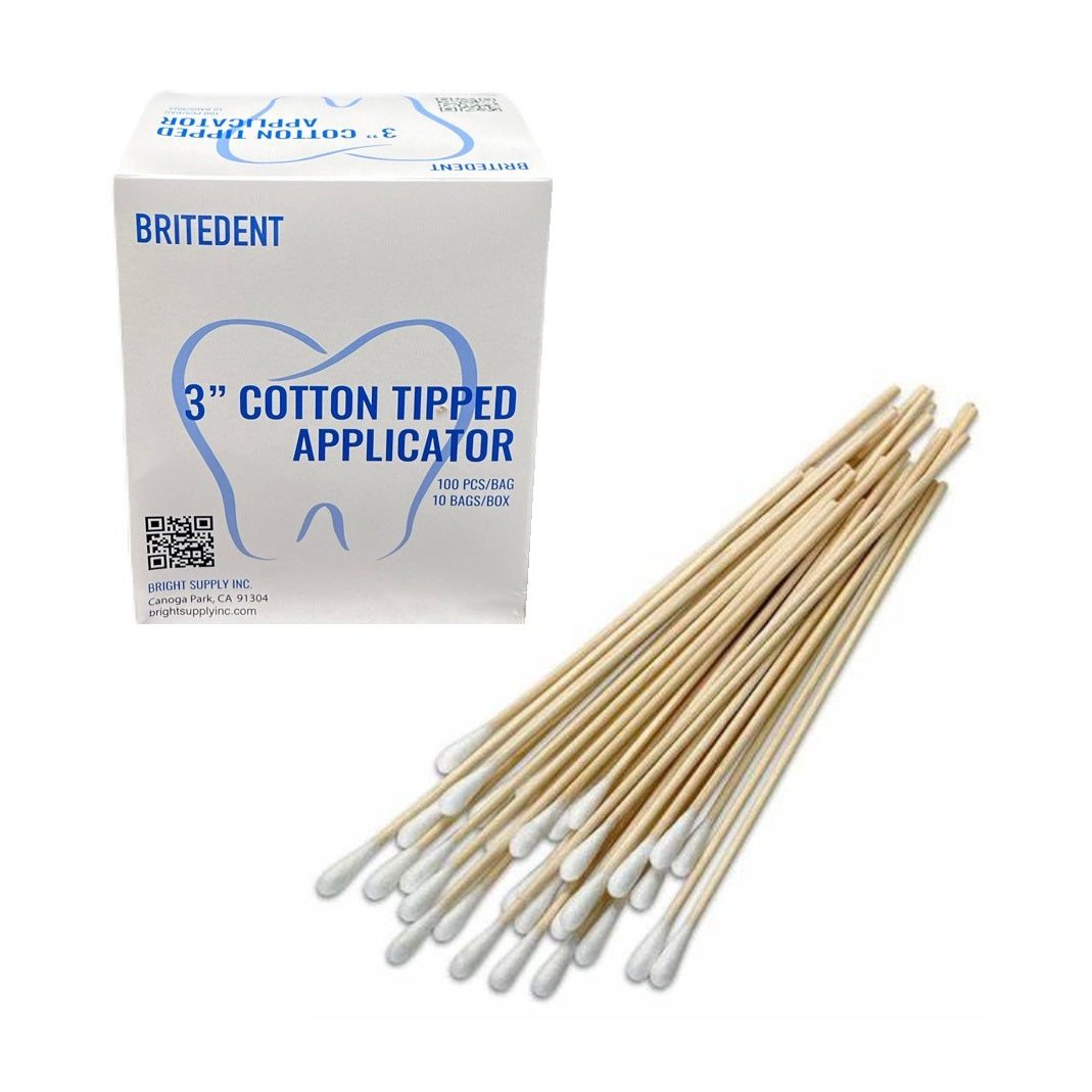 BRITEDENT Cotton Tipped Applicators (BSI-0003) - Box of 1000 disposable, latex-free swabs, each 3 inches in size. Compact Q-tips with a wood shaft and soft cotton tip for spreading liquids, gels, and pastes. Ideal for medical and dental procedures, providing a convenient and hygienic solution. Single-patient use ensures cleanliness. Non-sterile cotton tips for various applications, offering precision and control in smaller areas.