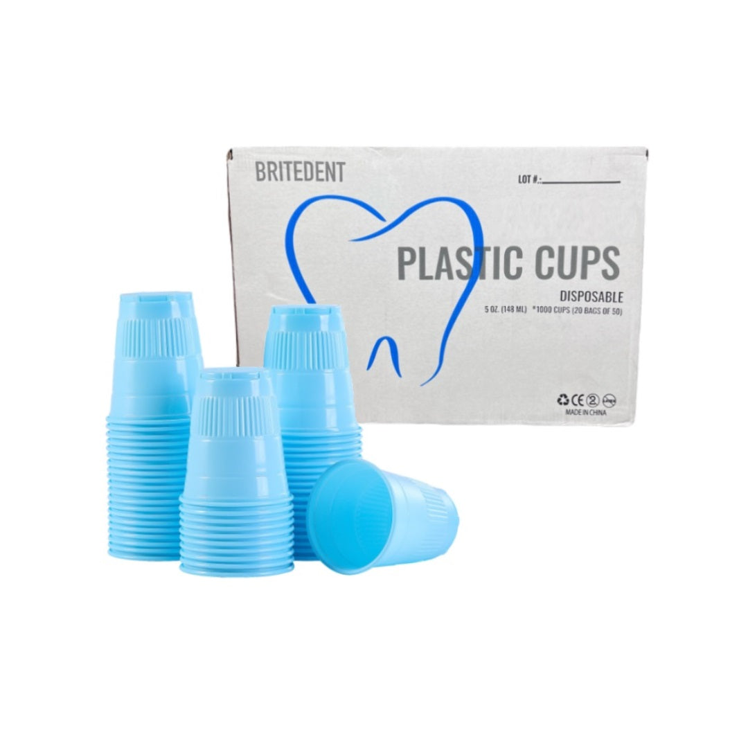 BRITEDENT Dental Plastic Disposable Drinking Cups 5oz Blue 1000/Bx BSI-2810. High-quality, crack-resistant plastic cups for dental and medical offices. Ideal for patient rinsing or drinking. Pack of 1000 cups in blue color.