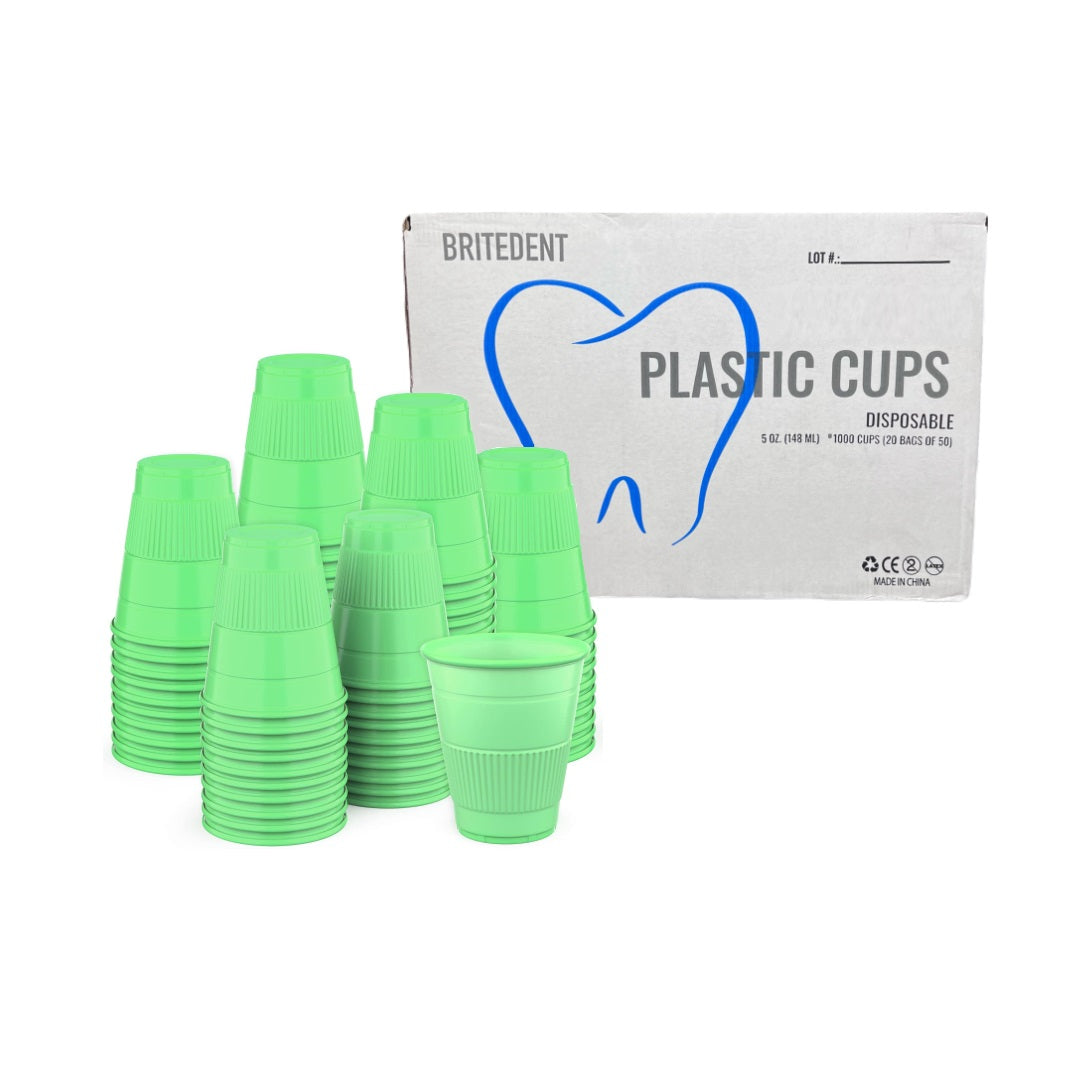 BRITEDENT Dental Plastic Disposable Drinking Cups 5oz Green 1000/Bx BSI-2820. Hygienic, durable cups for medical and dental use. 5oz green cups in bulk. Disposable plastic cups for patient comfort and convenience.