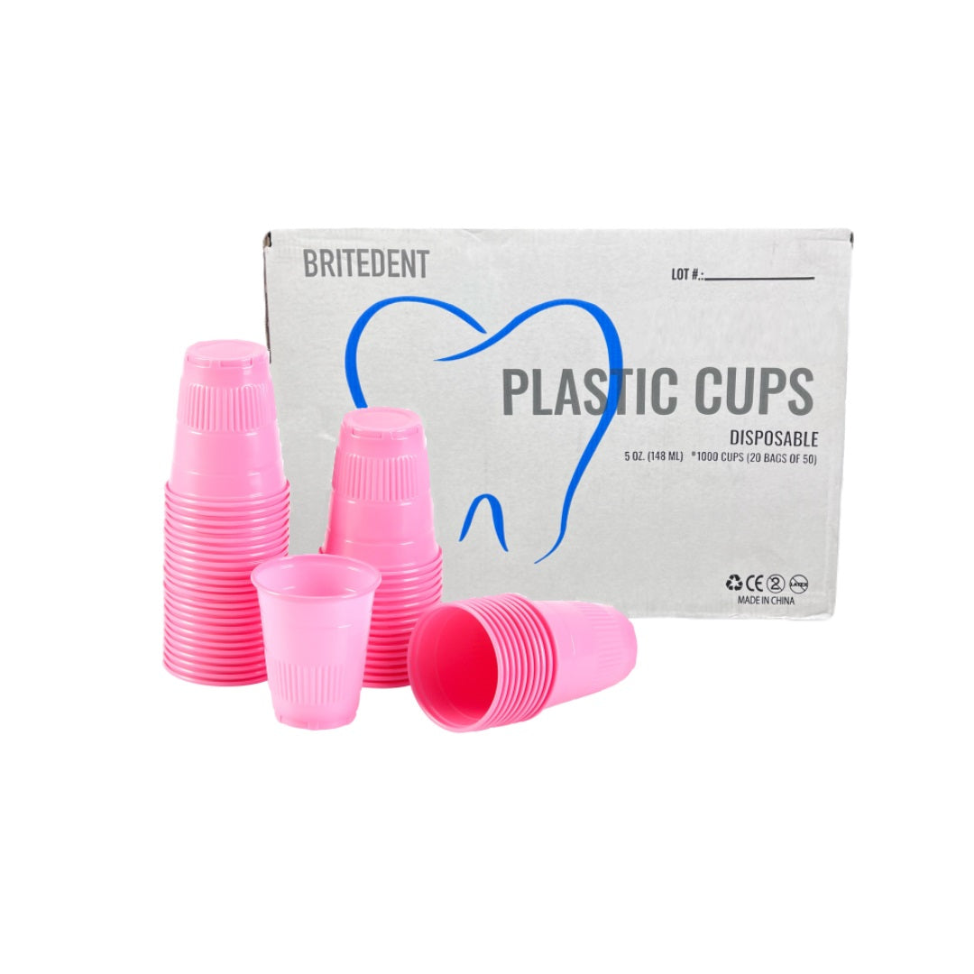 BRITEDENT Dental Plastic Disposable Drinking Cups 5oz Pink 1000/Bx BSI-2815. Pink disposable cups for dental and medical use. Made of crack-resistant plastic. 5oz capacity, rolled lip for comfort. Ideal for patient rinsing. Pack of 1000 cups.