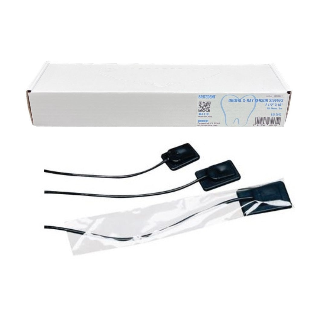 BRITEDENT Digital X-Ray Sensor Sleeves: Large 2 1/2 x 10 Clear, 500/Bx BSI-2912. Disposable, universal fit for various sensors, clear plastic for optical clarity. Elevate hygiene and precision in digital X-ray imaging with BRITEDENT sleeves.