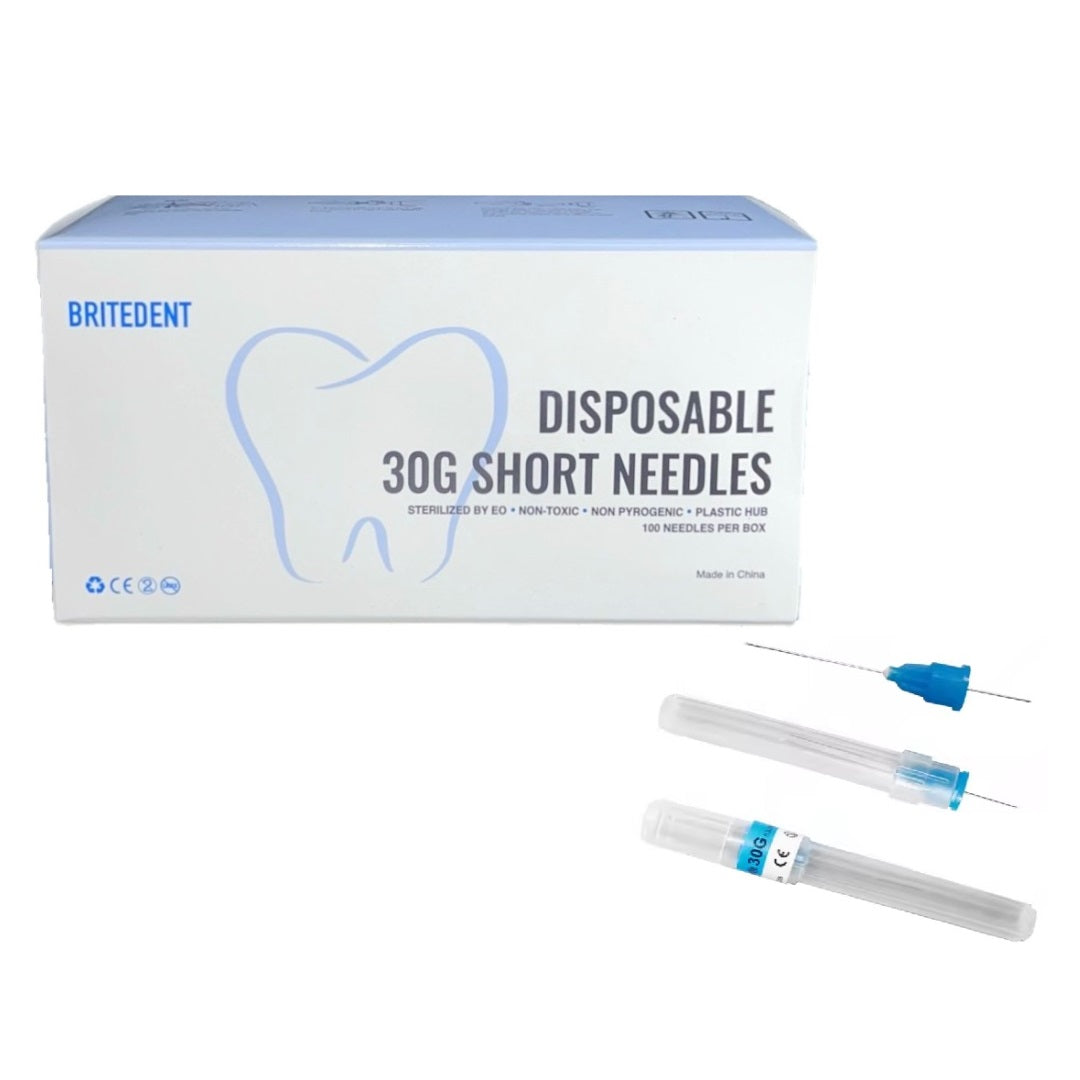 BRITEDENT Disposable Dental Anesthetic Injection Needles 30 Gauge Short 100/Pk BSI-0030S - For Dental and Medical Use, EO Sterilized, Blue Plastic Hub, Ideal for Aesthetic Procedures