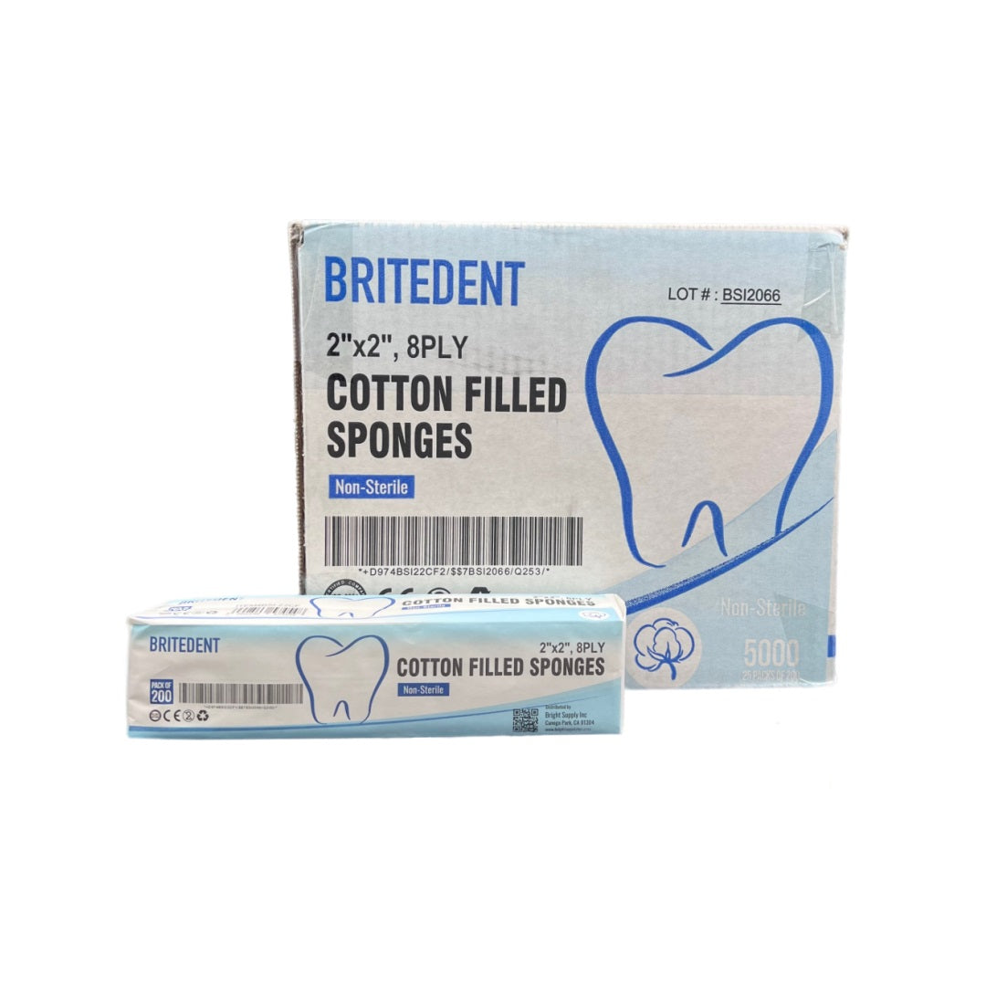 BRITEDENT Gauze Sponges Nonsterile 2x2 Cotton Filled 8 Ply 5000/Bx BSI-22CF: Dental disposable gauze for wound care & prep. High absorbency 2x2 inches, 8-ply cotton. Ideal for dental & medical use.