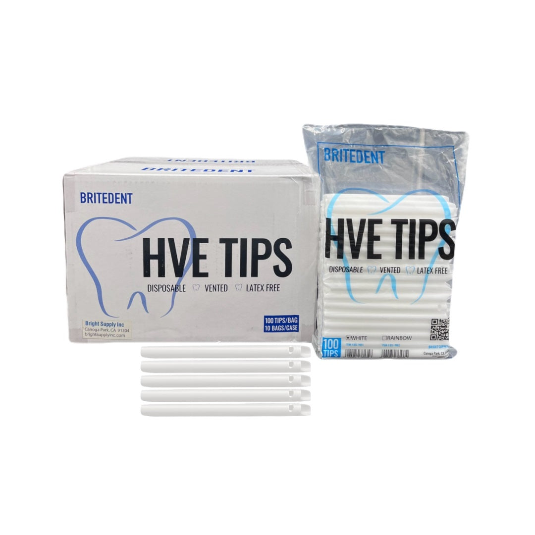 BRITEDENT HVE High Volume Evacuation Suction Tips White 1000/Bx BSI-9901-10: Disposable dental suction tips for efficient saliva and debris removal during procedures. Bulk pack of 1000 latex-free tips.