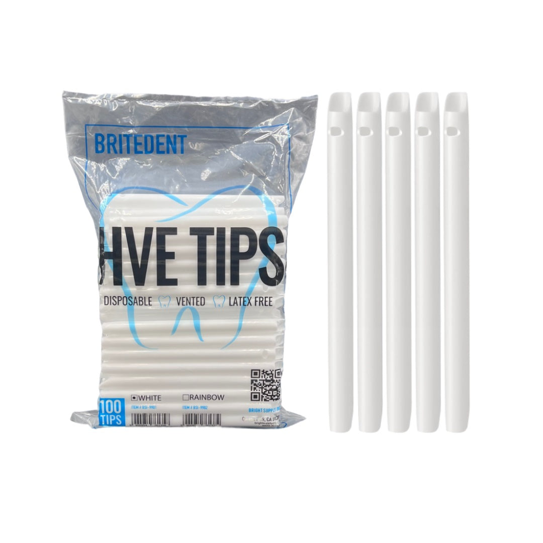 BRITEDENT HVE High Volume Evacuation Suction Tips White 100/Pk BSI-9901, disposable dental suction tips for efficient saliva and debris removal during dental procedures. Latex-free and vented design.