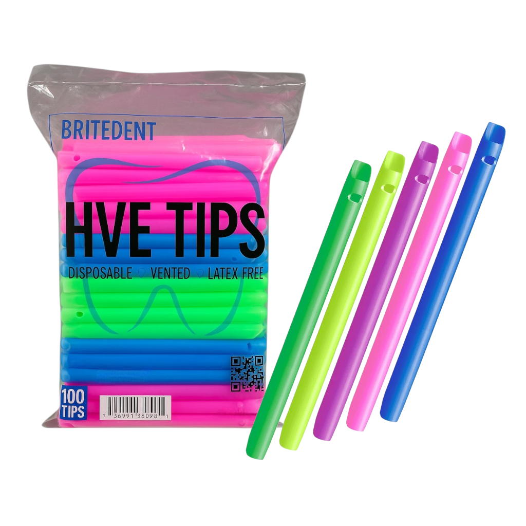 BRITEDENT HVE Suction Tips Rainbow assorted Colors disposable vented latex-free 100 Tips