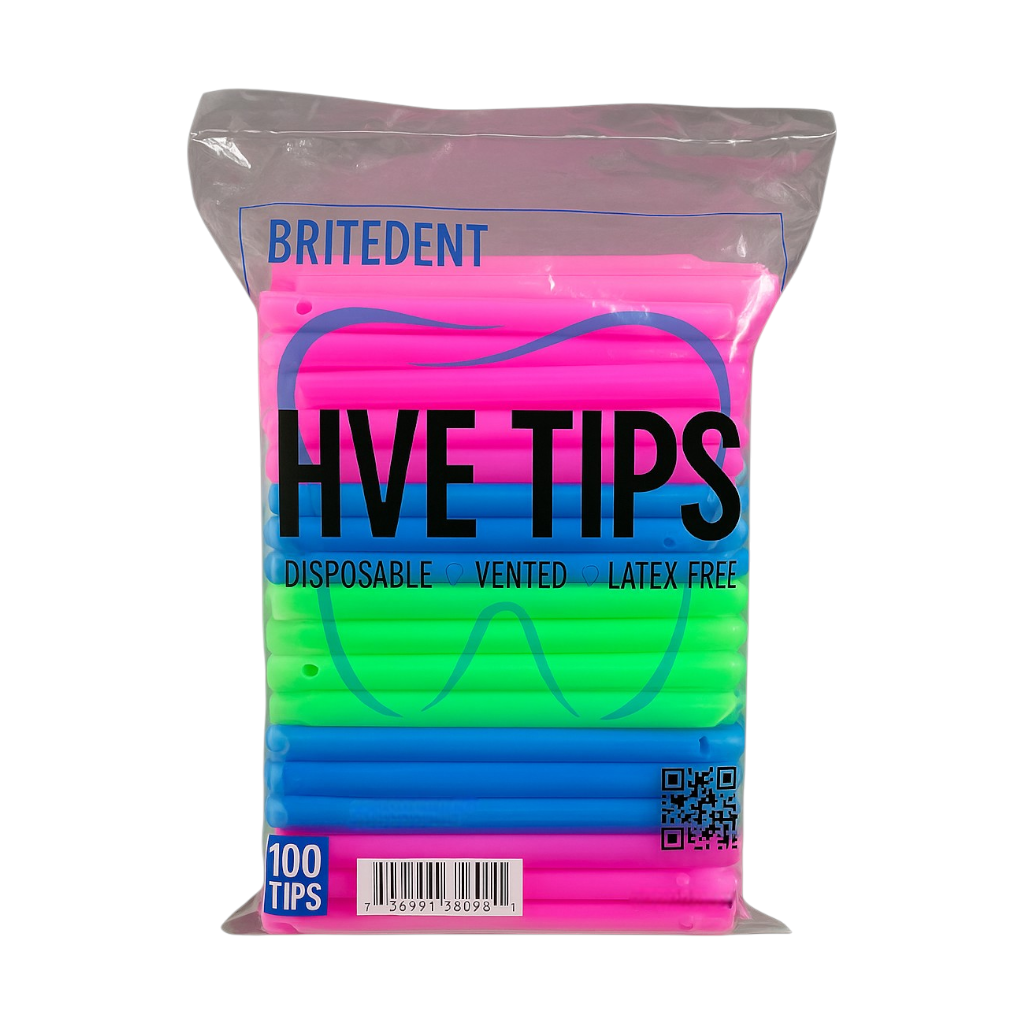 BRITEDENT HVE Suction Tips Rainbow assorted Colors disposable vented latex-free 100 Tips bag