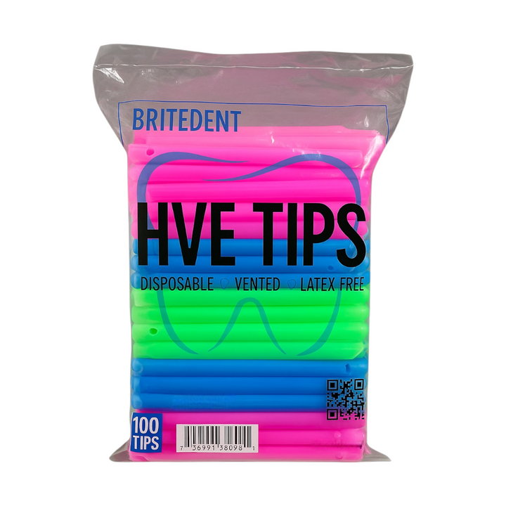 BRITEDENT HVE Suction Tips Rainbow assorted Colors disposable vented latex-free 100 Tips bag