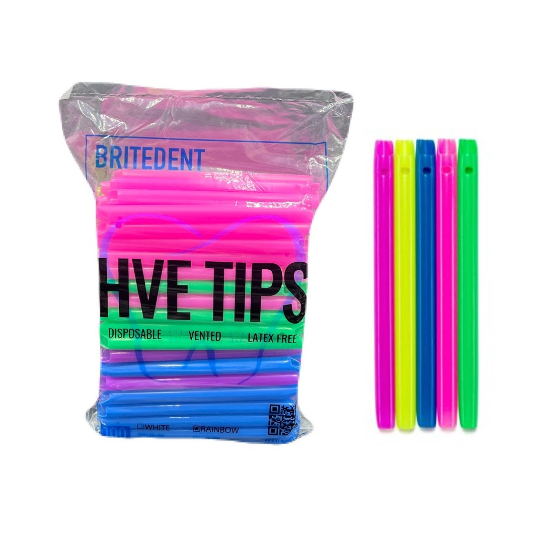 BRITEDENT High Volume Evacuation Suction Tips Rainbow Assorted Colors BSI-9902, Latex-Free, 100/Pk – HVE - Dental Suction Accessories