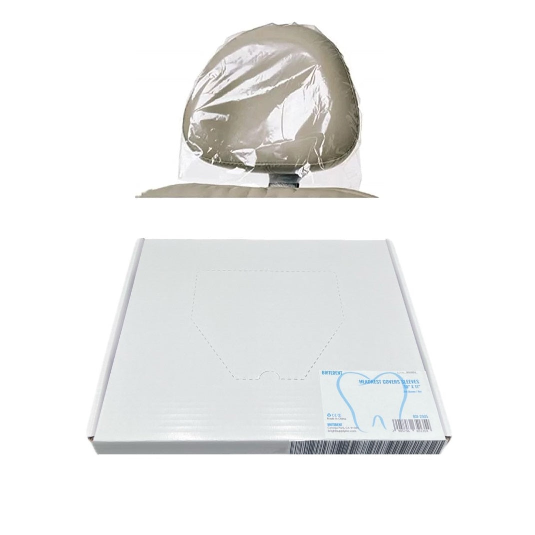 BRITEDENT Headrest Cover Sleeves: 10 x 11 Clear, 250/Bx BSI-2905. Disposable, transparent plastic for hygienic patient comfort. Elevate cleanliness and comfort in dental and medical practices with BRITEDENT sleeves.