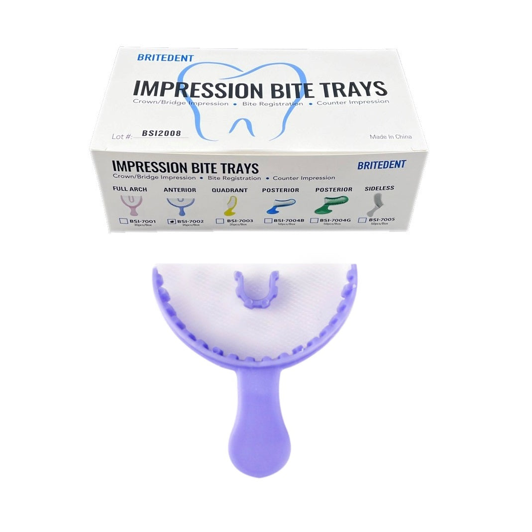 Enhance Dental Precision with BRITE DENT Impression Bite Trays Anterior - Purple, Disposable, 35/Box BSI-7002. Ideal for Crown/Bridge Impressions & Bite Registrations. Thin Occlusal Mesh for Detail Accuracy.