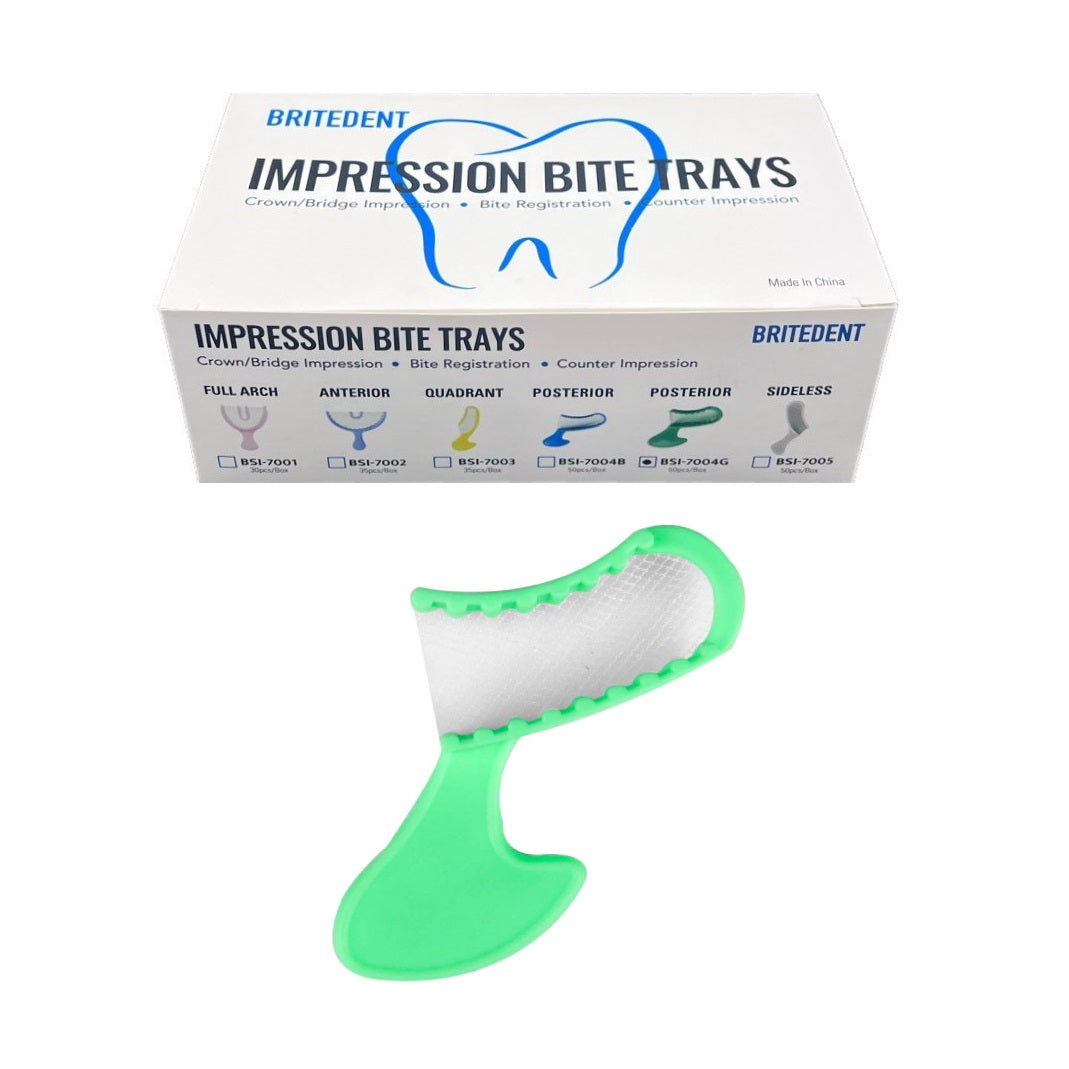 BRITEDENT Impression Bite Trays Posterior: Green, Disposable, 50/Pk BSI-7004G. Mesh-supported for stability. Ideal for posterior crown & bridge impressions, bite registration, and counter impressions. Elevate accuracy and hygiene in dental procedures with BRITEDENT.