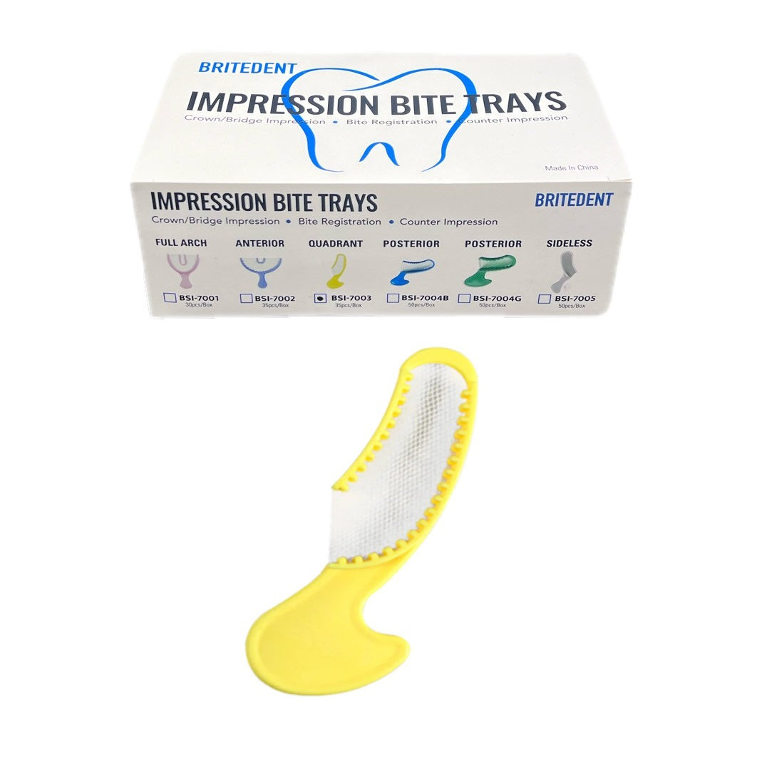 Optimize Dental Precision with BRITEDENT Quadrant Impression Bite Trays - Yellow, Disposable, 35/Box BSI-7003. Ideal for Crown/Bridge Impressions & Bite Registrations. Thin Occlusal Mesh for Detail Accuracy in Dental Procedures.