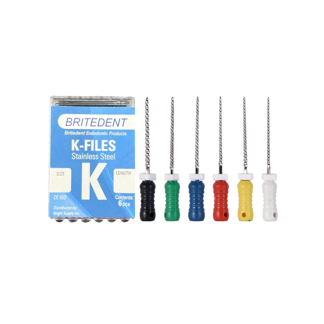 BRITEDENT K-Files 21mm #15-40 Stainless Steel 6/Pk K211540 - Disposable Endo Files for Root Canal Treatment - High-Quality Stainless Steel - Good Flexibility - Fracture Resistance - Assorted Colors - Pack of 6 Dental Files