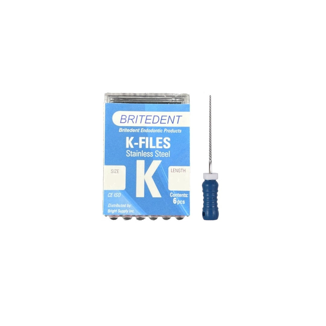 BRITEDENT K-Files 21mm #30 Stainless Steel 6/Pk K2130 - Ideal for Root Canal Treatment. High-quality, flexible, and fracture-resistant endodontic files. Efficiently clean and shape the root canal.