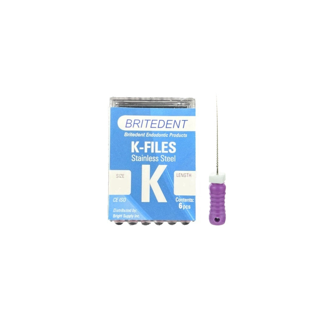 BRITEDENT K-Files 21mm #10 Stainless Steel 6/Pk K2110 for Root Canal Treatment - High-Quality Stainless Steel Files for Efficient Cleaning and Shaping of Root Canals. Pack of 6 Disposable Files with Fixed Plastic Handle. Fracture-Resistant & Flexible.