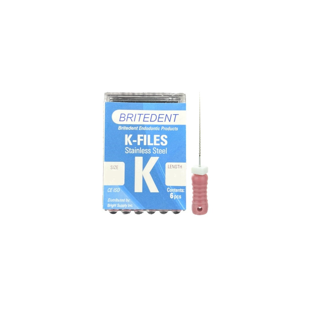 BRITEDENT K-Files 21mm #6 Stainless Steel 6/Pk - High-quality endo files for root canal treatment. Stainless steel construction, optimal cutting efficiency, and disposable design. Ideal for precise cleaning and shaping of the root canal.