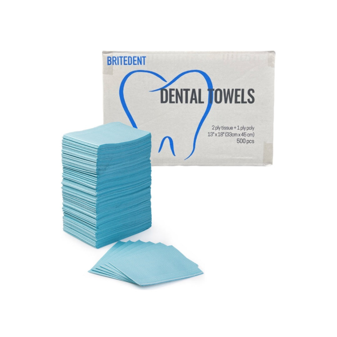 BRITEDENT Patient Bibs 13" x 18" Blue 2-Ply Paper/1-Ply Poly 500/Bx BSI-2421: Disposable dental bibs for patient protection during procedures. Blue color, 2-ply paper/1-ply poly construction. Box of 500 bibs. Ideal for dental, medical, and tattoo procedures.