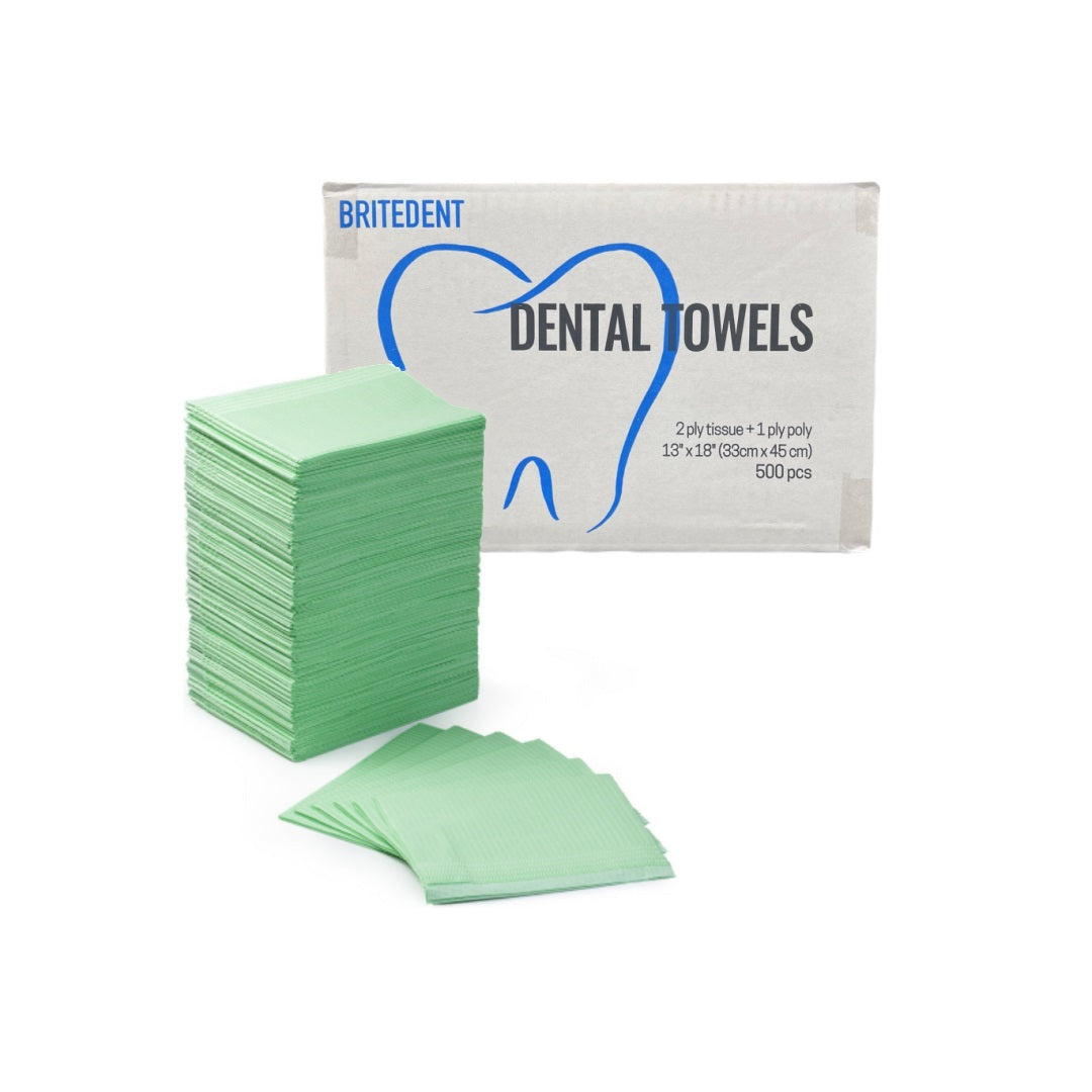 BRITEDENT Patient Bibs Green 13" x 18" 2-Ply Paper/1-Ply Poly 500/Bx, Disposable dental bibs for procedures, 2-ply paper and 1-ply poly construction, ideal for dental, medical, tattooing, and senior care.