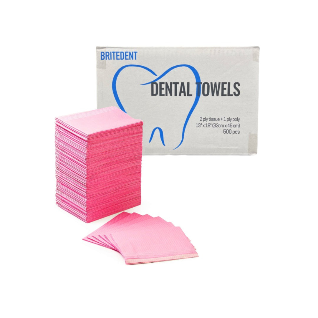 BRITEDENT Patient Bibs 13" x 18" Pink 2-Ply Paper/1-Ply Poly 500/Bx BSI-2426: Disposable dental bibs in vibrant pink color, offering excellent protection & absorption. Ideal for dental, medical, tattooing, & senior care. Box of 500.