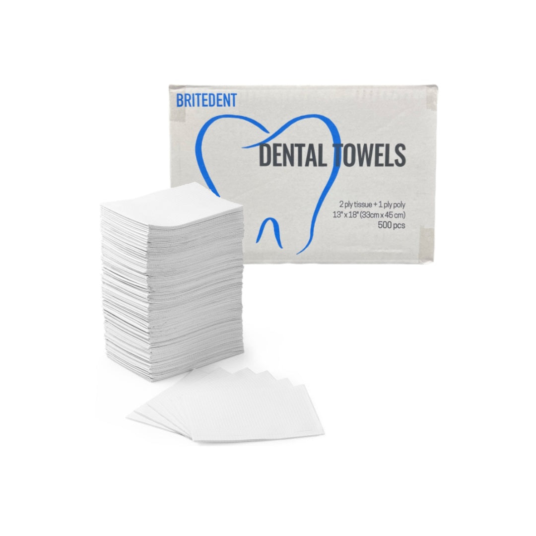 BRITEDENT Patient Bibs 13" x 18" White 2-Ply Paper/1-Ply Poly 500/Bx BSI-2427 for dental & medical procedures. Disposable bibs offer superior absorption & protection. Ideal for dental, medical, & tattoo procedures.