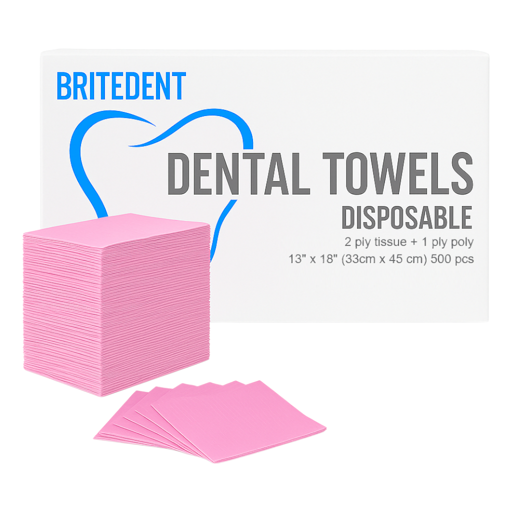 BRITEDENT Patient Bib Pink 13×18 2-ply poly backing (500/Case)