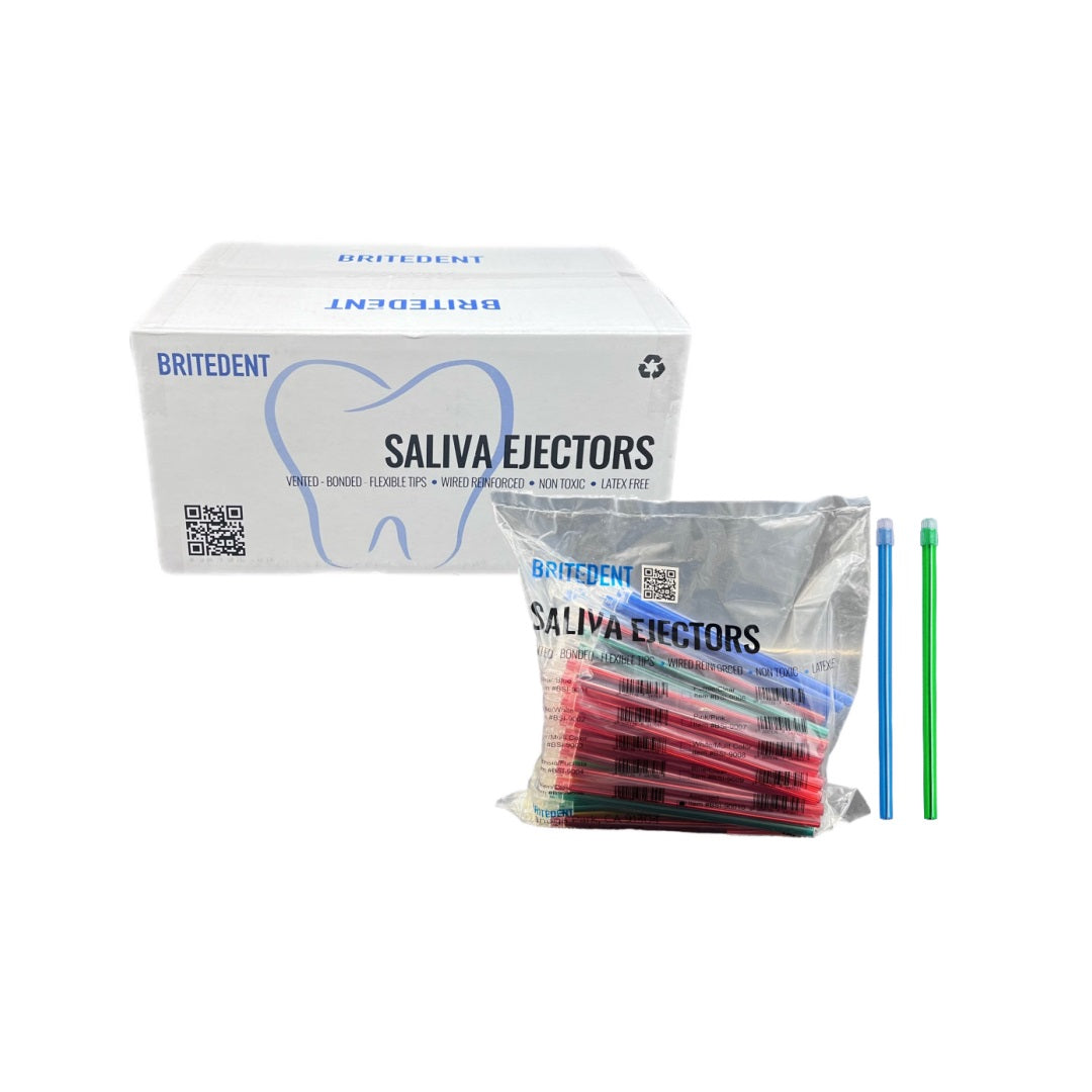 BRITEDENT Saliva Ejectors: Assorted Body With Clear Tips, 1000/Bx. Disposable, flexible saliva ejectors for dental procedures. Rainbow colors, latex-free material. Ideal for cleanings, fillings, and examinations.