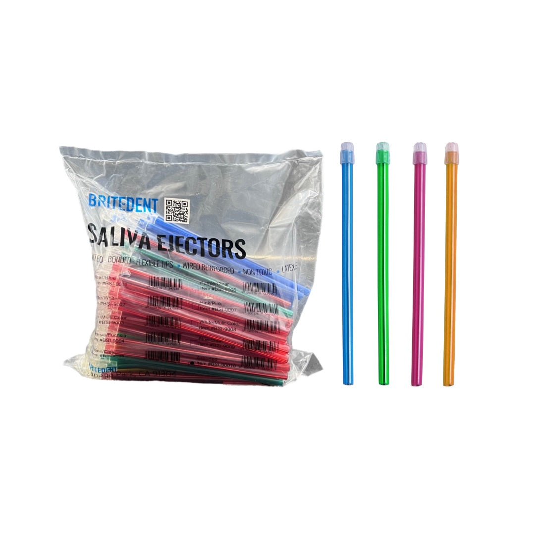  BRITEDENT Saliva Ejectors Assorted Body With Clear Tips 100/Pk BSI-90010 are disposable dental suction tools for saliva and water removal during procedures. Assorted colors for easy identification. Efficient and hygienic.